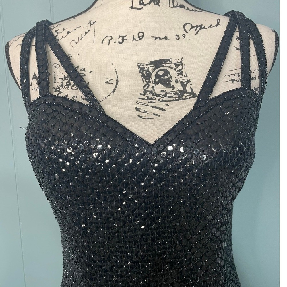 Vintage 90s NiteLine Della Roufogali Black Beaded Strappy V Neck Party‎ Dress - Picture 2 of 8